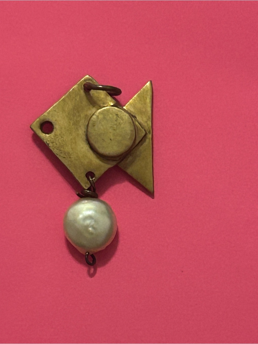 Geometric Brass Pendant with Single Pearl Drop